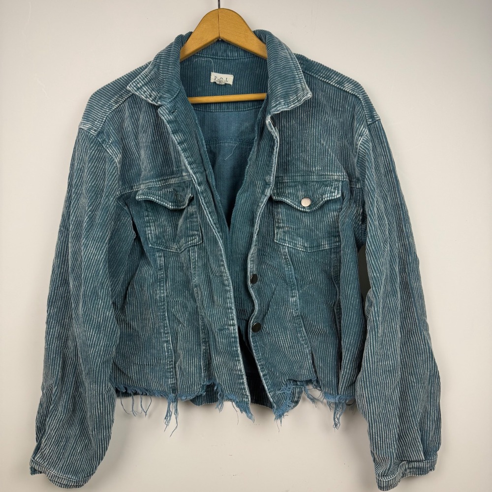 POL Teal Blue Wide Wale Corduroy Raw Hem Distressed Cropped Jacket Large